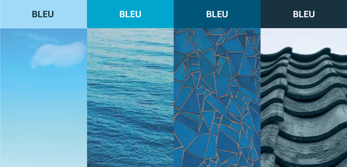 Inspiration pour les couleurs. Le ciel, la mer, une mosaïque bleue, des tuiles d'ardoise bleues